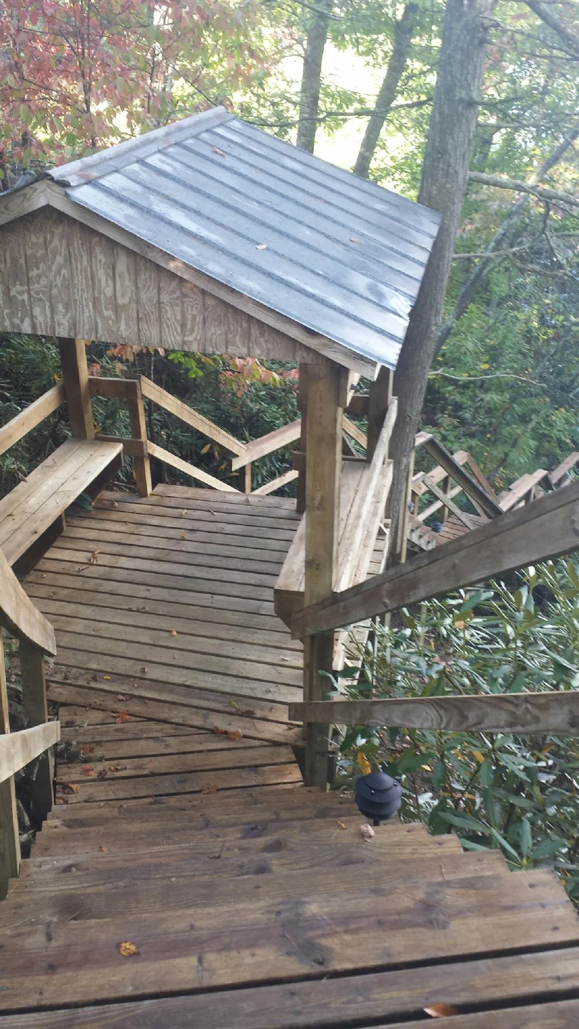 Metal roofed shelter over wooden steps on a wooded walkway — Skylight Repair & Installation work by our crew in Valley Lee